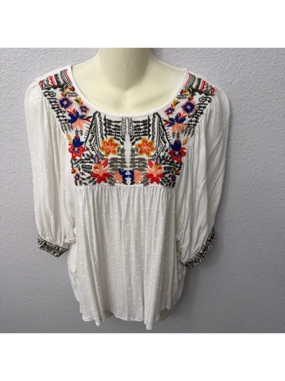 White Swiss Dot Floral Embroidered Boho Peasant Blouse